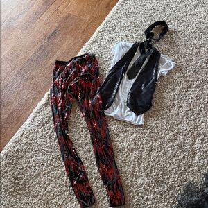 Art Stone Dance costume shirt black sequins vest tie red leggings Adult Small